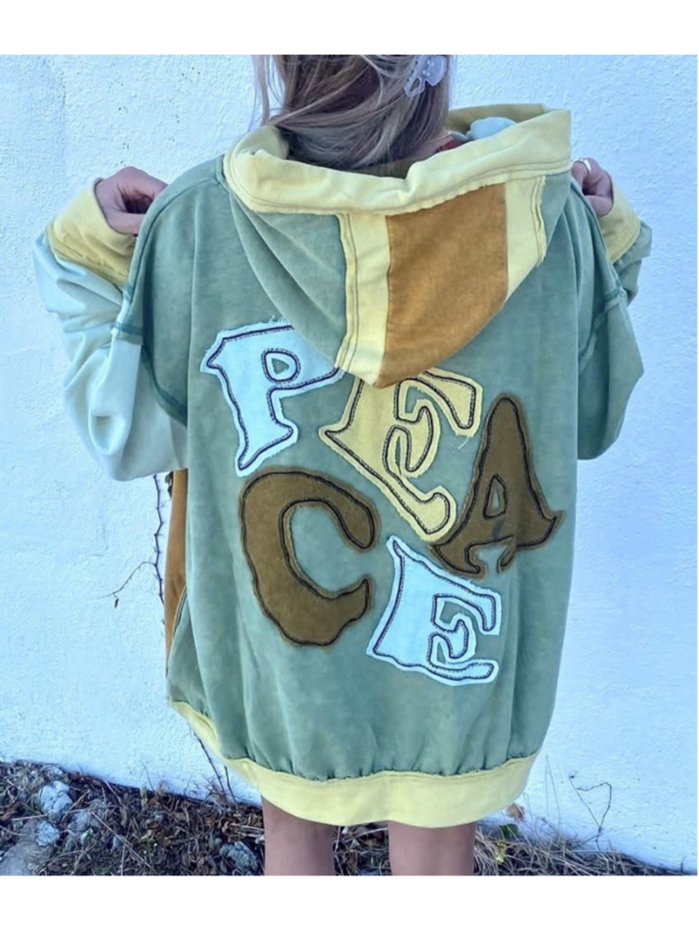 Oli & Hali Olive, Mustard, Cream, & Brown Peace Patchwork Hoodie XL Oversized